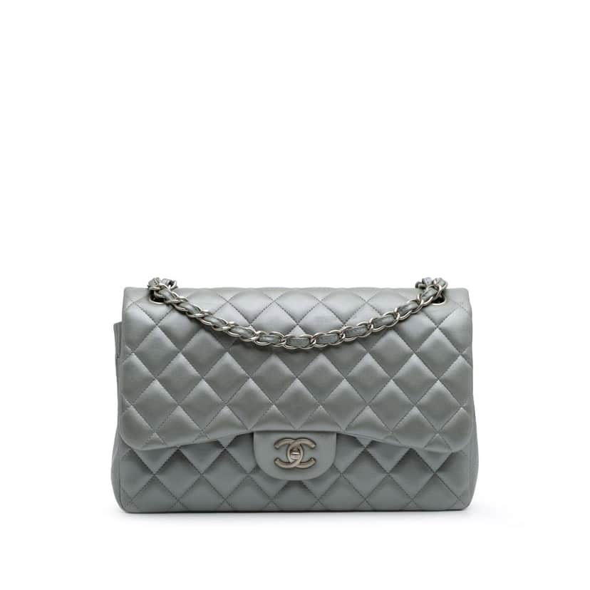 Chanel Jumbo Classic Lambskin Double Flap Silver Leather Good condition - Front View