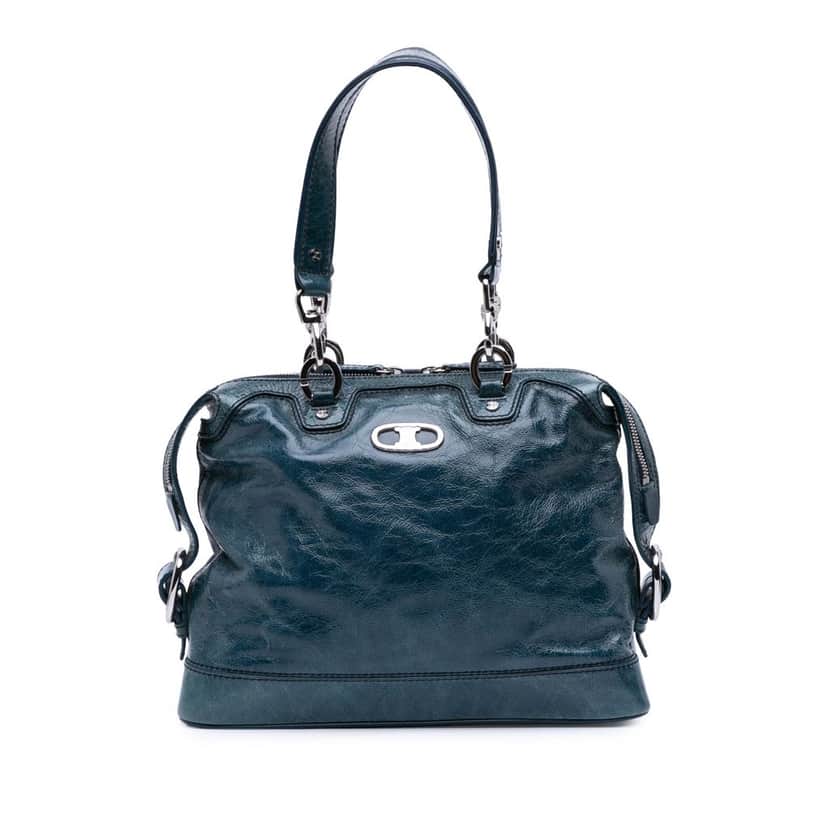 Celine Crinkled Patent Macadam Shoulder Bag Blue Leather Good condition - Front View