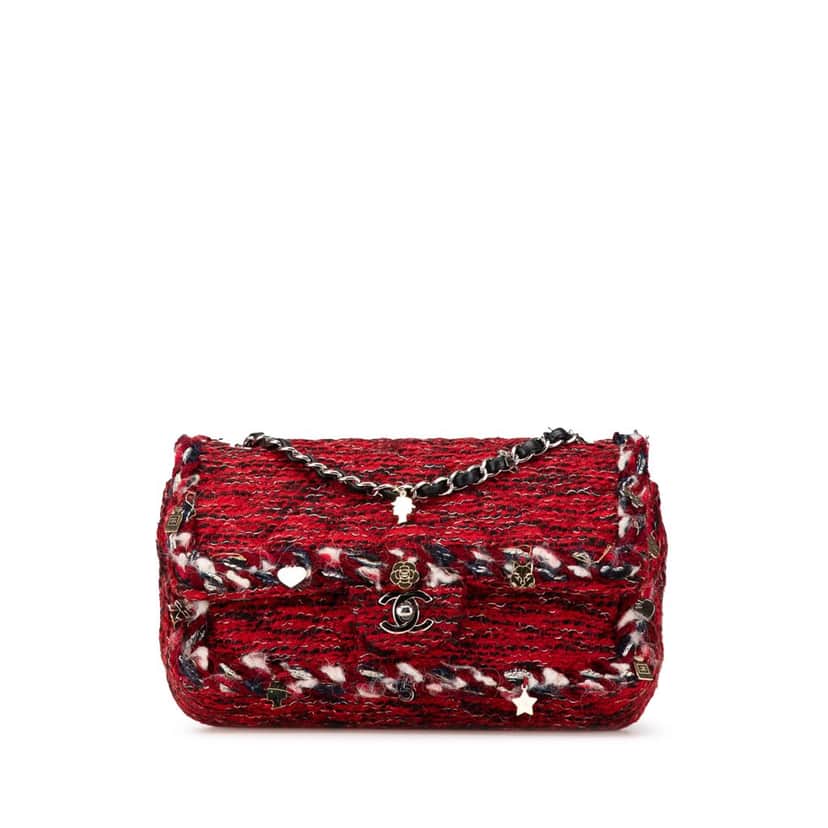 Chanel Medium Tweed Braided Charms Double Flap Red Tweed Good condition - Front View