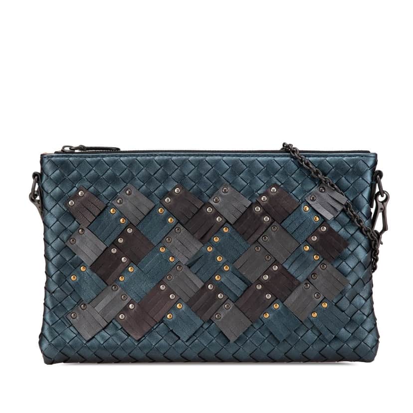 Bottega Veneta Nappa Intrecciato Studded Biletto Chain Crossbody Blue Leather Good condition - Front View
