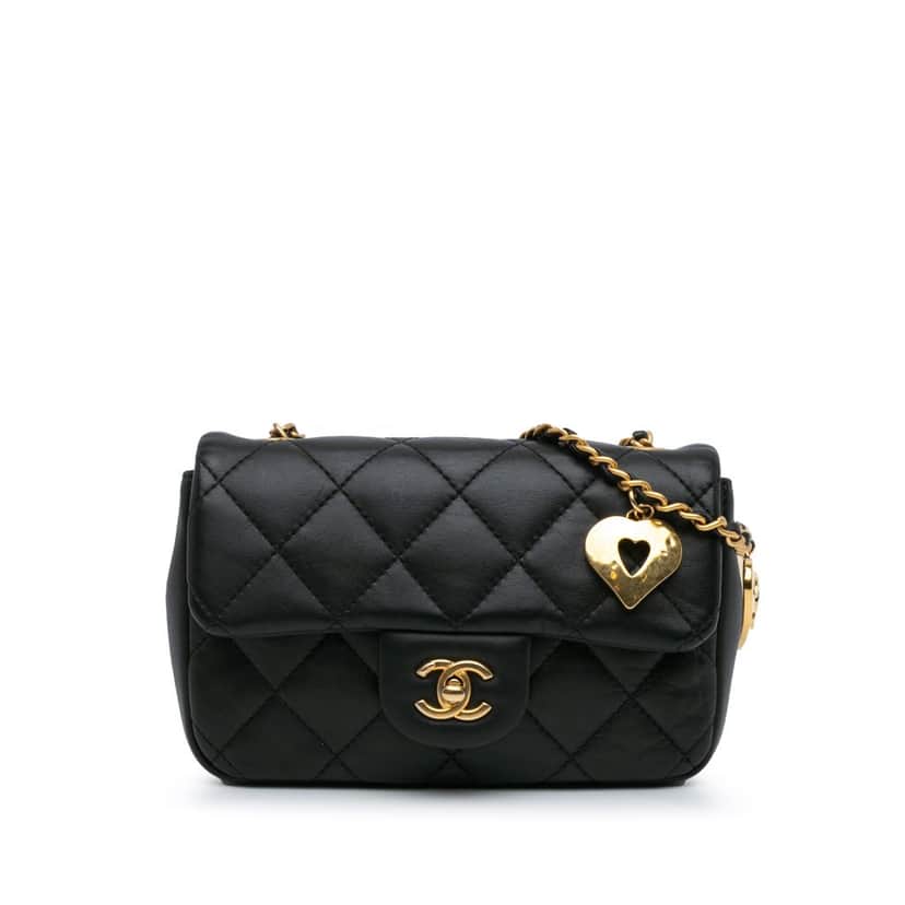 Chanel Mini Rectangular Quilted Lambskin Heart Charms Flap Black Leather Good condition - Front View