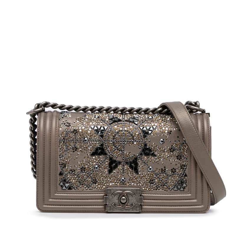 Chanel Medium Crystal Embellished Goatskin Boy Brown Leather Good condition - Front View