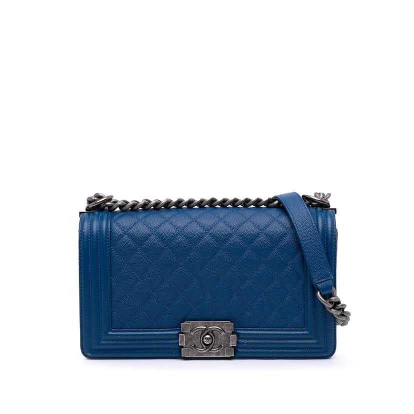 Chanel Old Medium Quilted Caviar Boy Flap Blue Leather Good condition - Front View