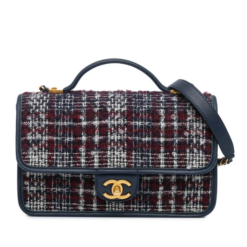Chanel Small Tweed School Memory Top Handle Flap Blue Tweed Very good condition - Front View