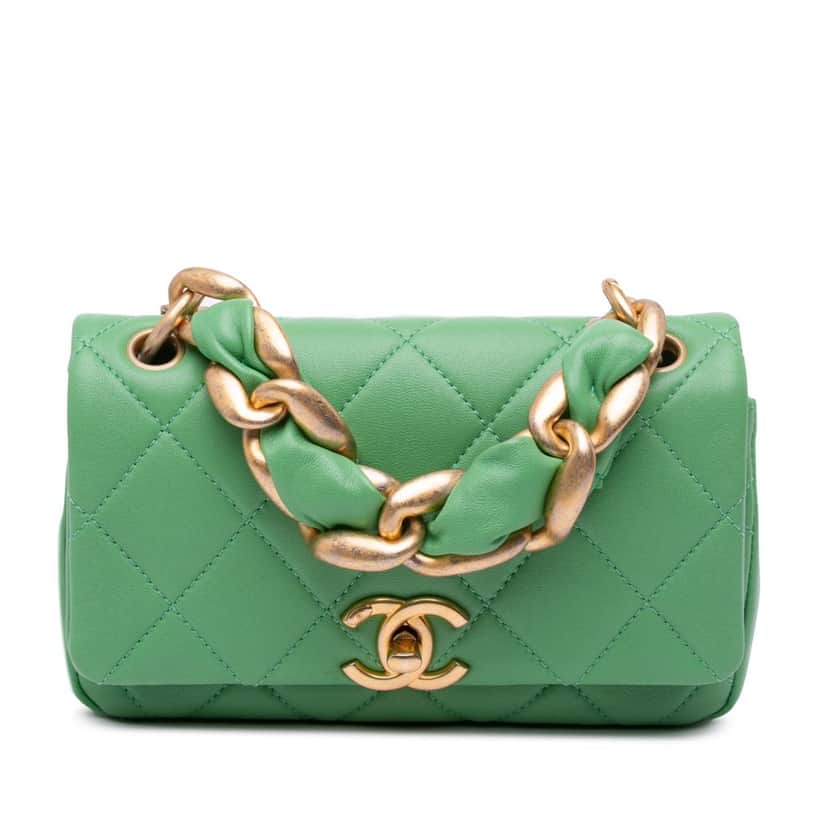 Chanel Small Quilted Lambskin Chain Is More Flap Green Leather Good condition - Front View