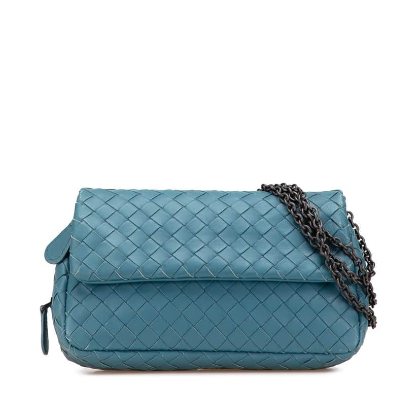Bottega Veneta Mini Nappa Intrecciato Expandable Chain Crossbody Blue Leather Good condition - Front View