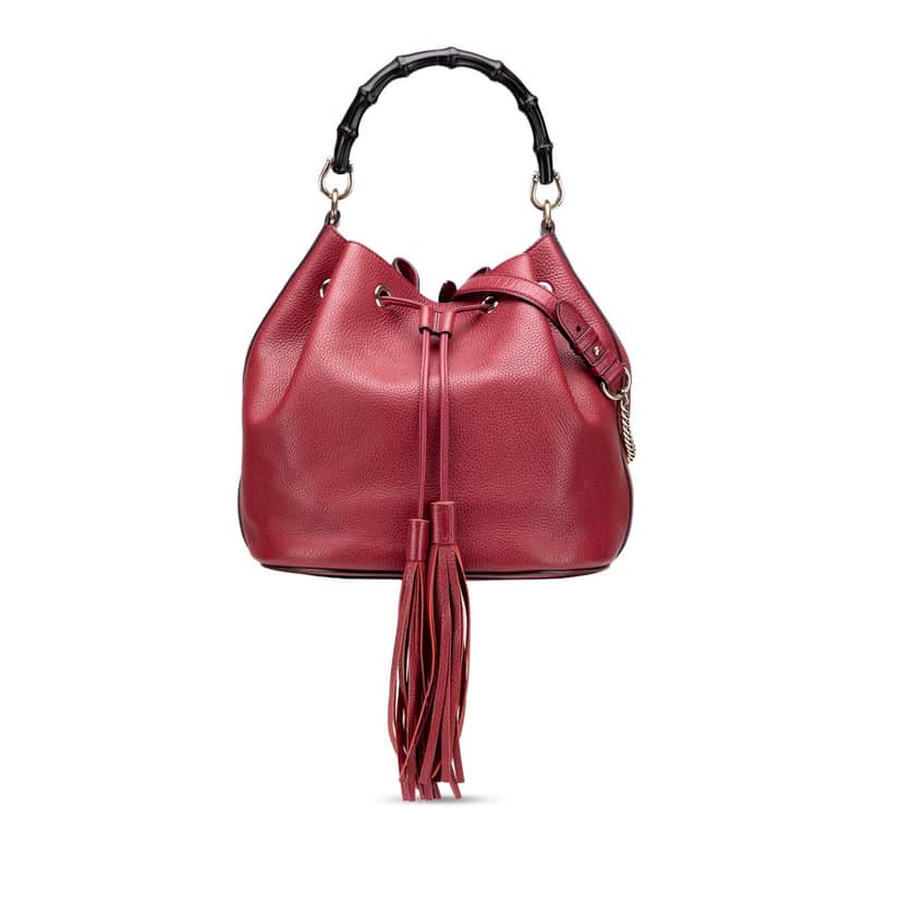 Gucci Pebbled Calfskin Miss Bamboo Bucket Bag Red Leather Good condition - Front View