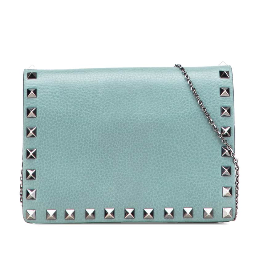 Valentino Pebbled Calfskin Rockstud Wallet On Chain Blue Leather Good condition - Front View