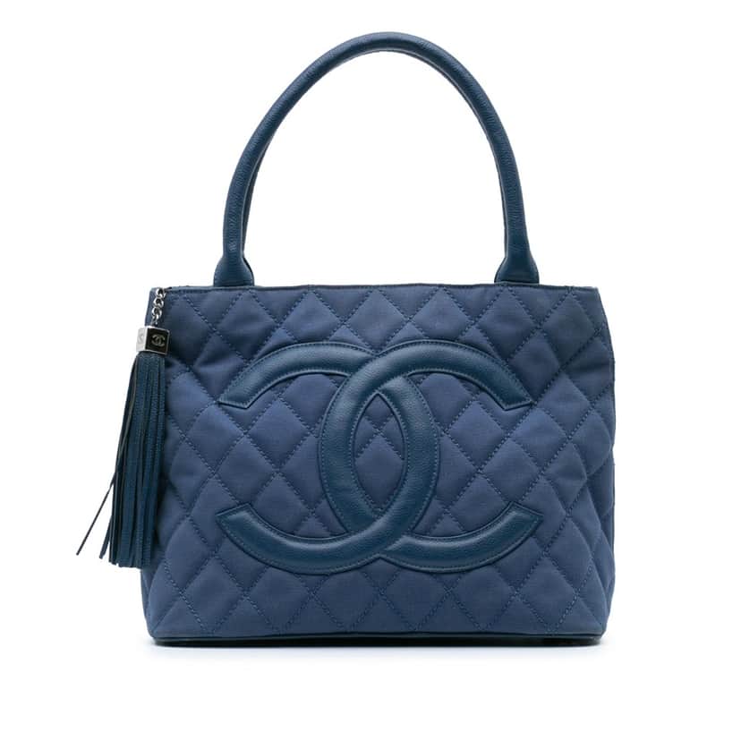 Chanel Quilted Canvas and Caviar Tassel Tote Blue Canvas Good condition - Front View