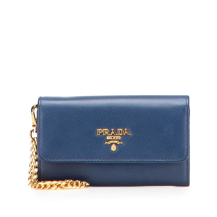 Prada Saffiano Card Holder on Chain Blue Leather Good condition - Front View