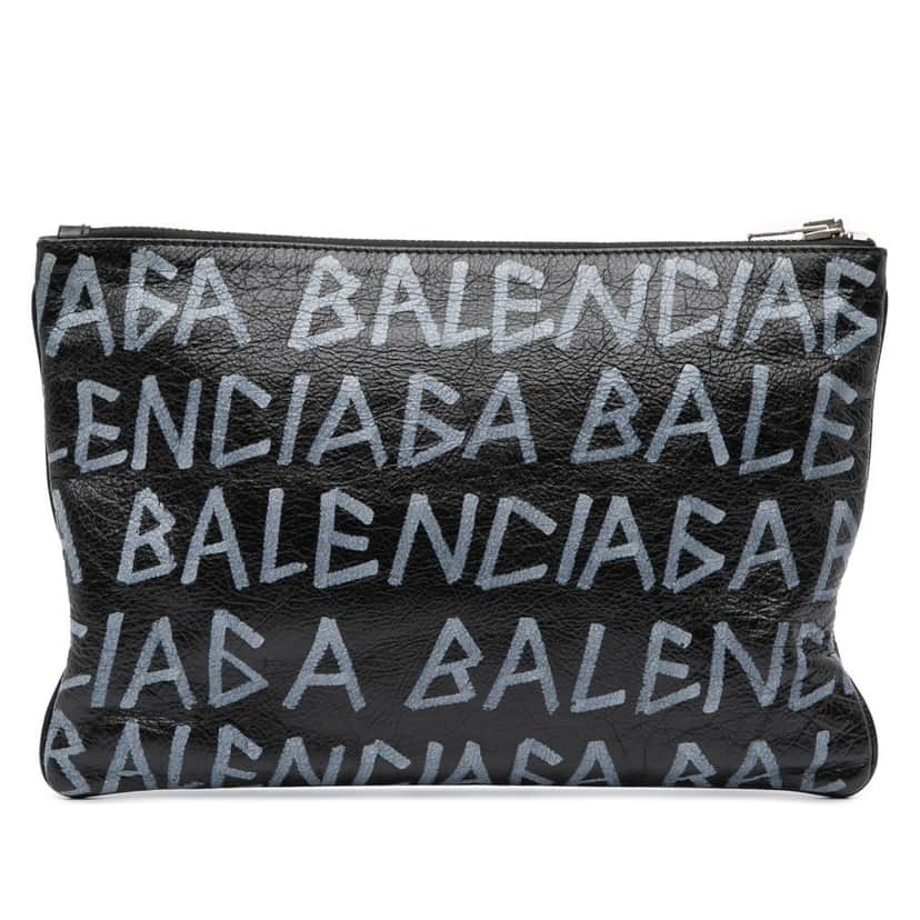 Balenciaga Leather Graffiti Clutch Black Leather Good condition - Front View