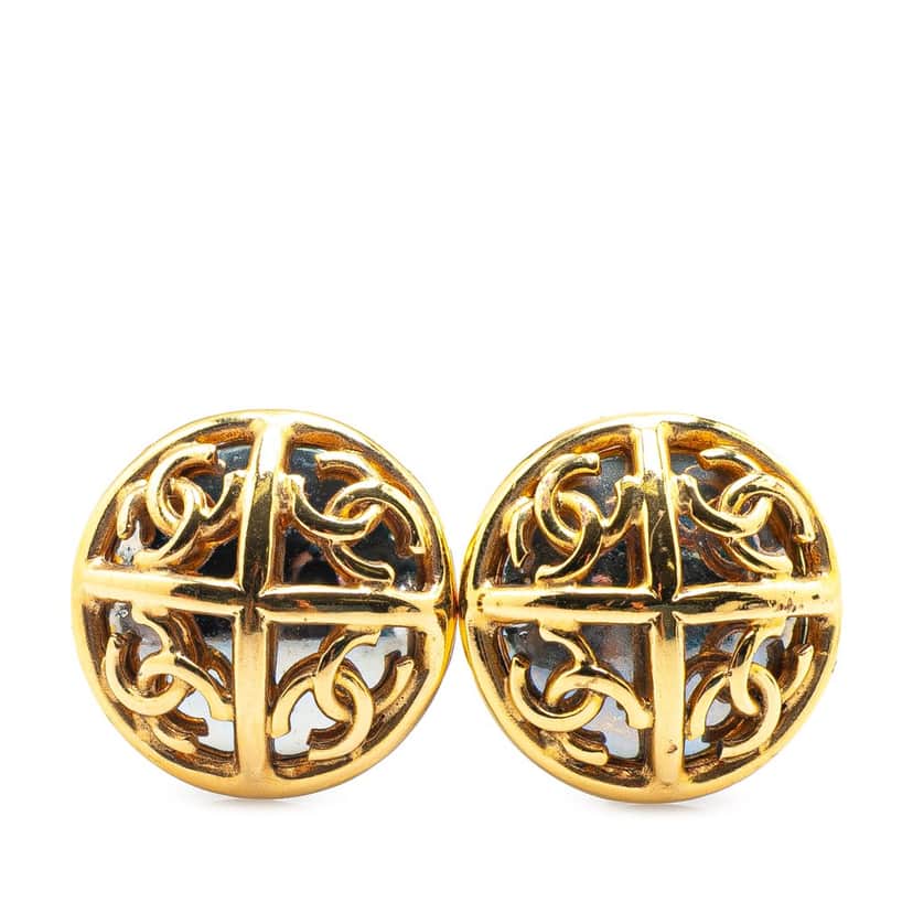 Chanel Gold Plated Faux Pearl CC Round Clip On Earrings Gold Metal Good condition - Front View