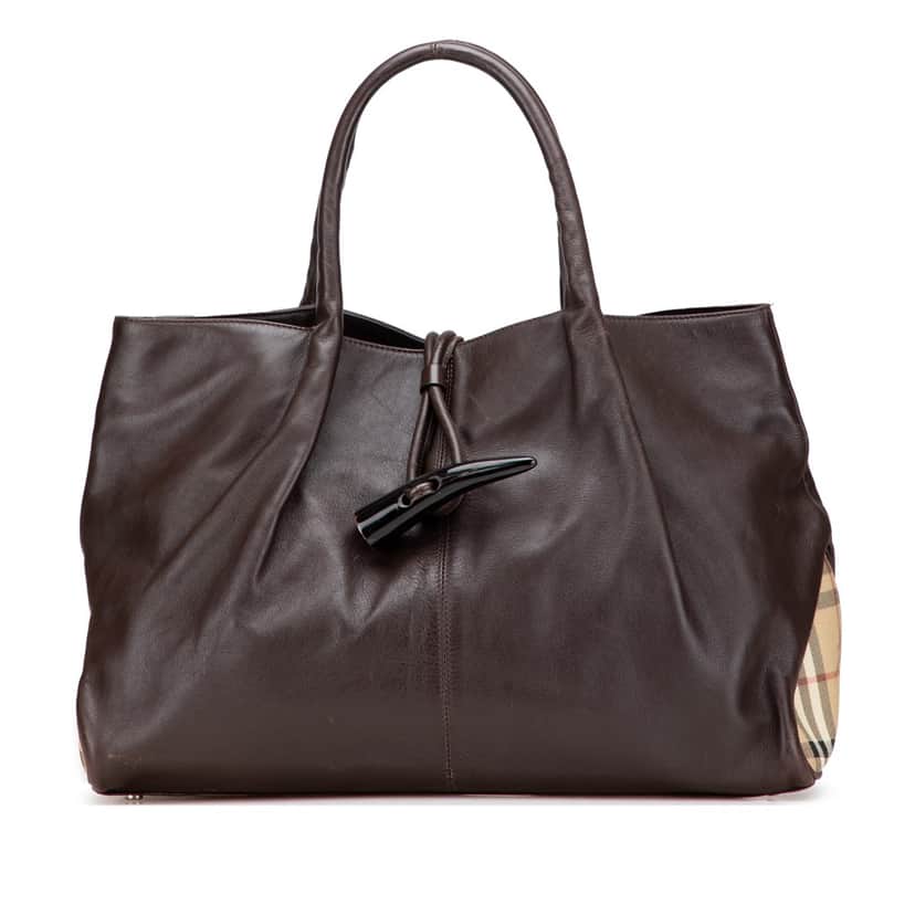Burberry Medium House Check Trimmed Leather Horn Toggle Tote Brown Leather Good condition - Front View