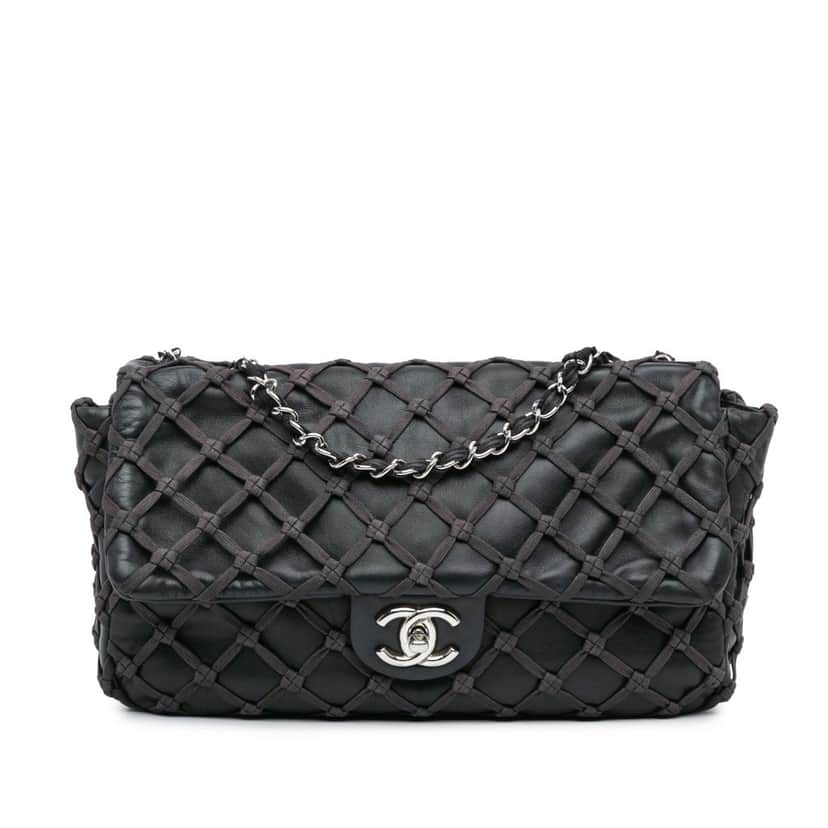 Chanel Jumbo Calfskin Canebiers Net Flap Black Leather Good condition - Front View