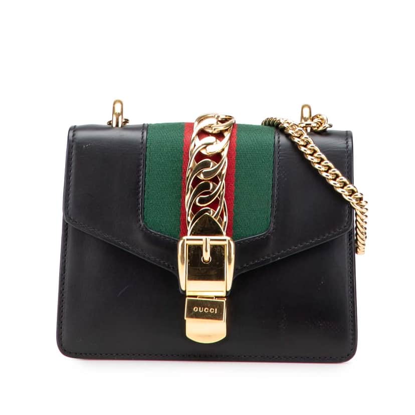 Gucci Mini Leather Web Sylvie Chain Crossbody Black Leather Good condition - Front View