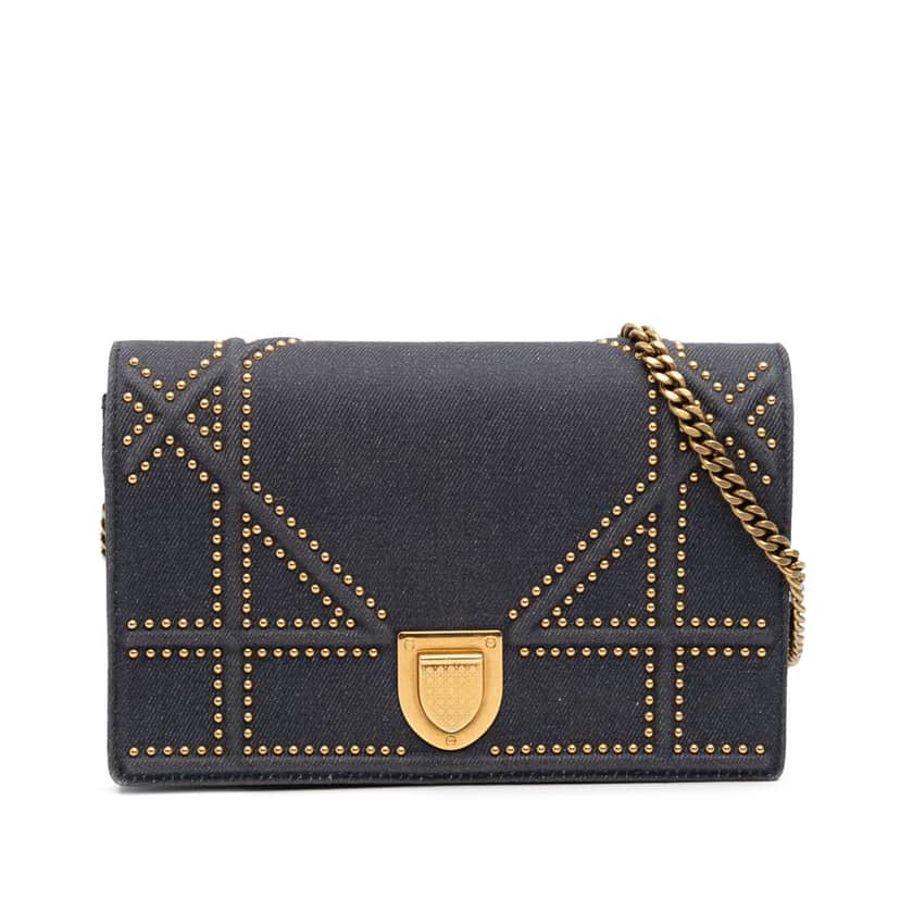 Dior Studded Denim Diorama Wallet on Chain Blue Denim Good condition - Front View