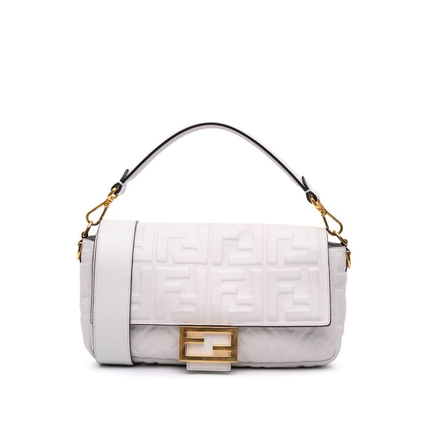 Fendi Zucca Embossed Leather Baguette Satchel White Leather Good condition - Front View