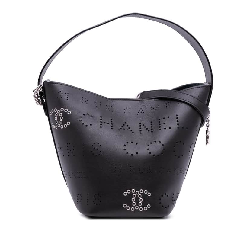 Chanel Calfskin and Tweed Small Piercing Light Bucket Bag Black Leather Good condition - Front View