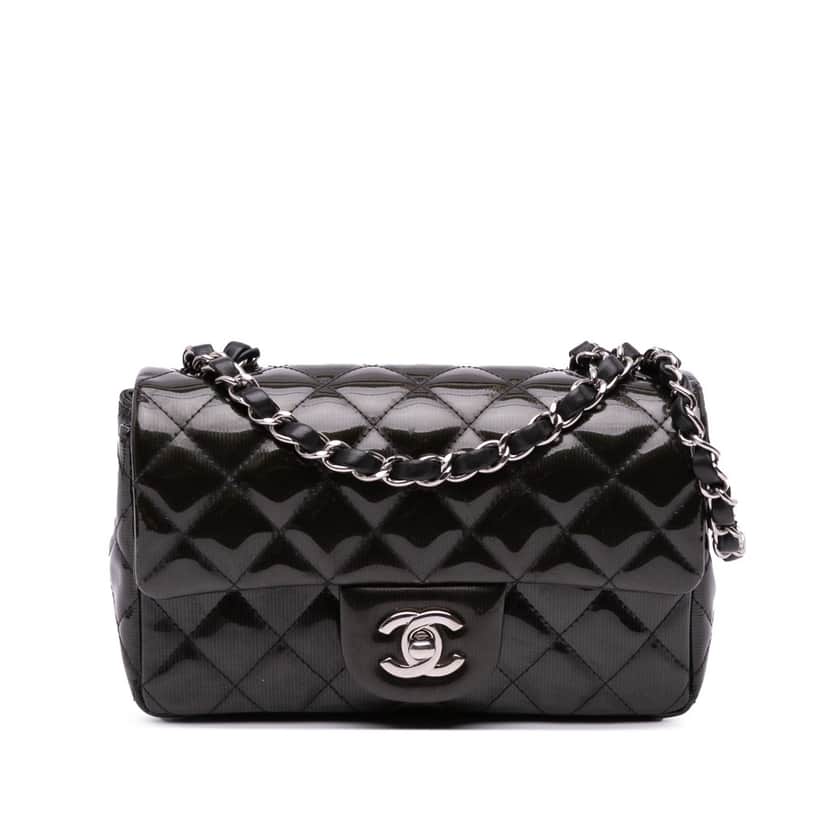 Chanel Mini Rectangular Classic Striped Patent Single Flap Black Leather Good condition - Front View