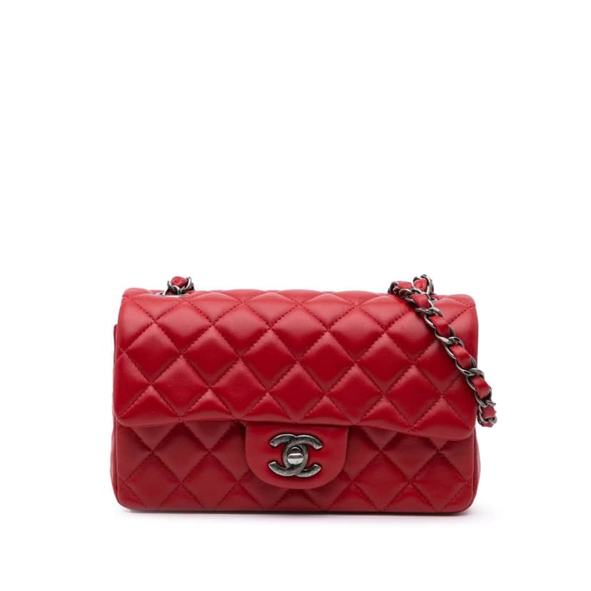 Chanel Mini Rectangular Classic Lambskin Single Flap Red Leather Good condition - Front View
