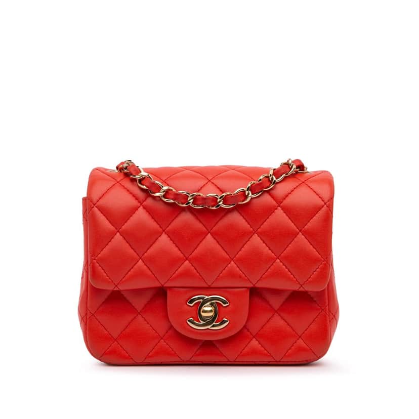 Chanel Mini Square Classic Lambskin Single Flap Red Leather Good condition - Front View