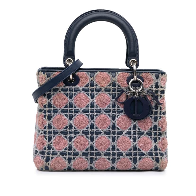 Dior Medium Lambskin And Tweed Cannage Lady Dior Blue Leather Good condition - Front View