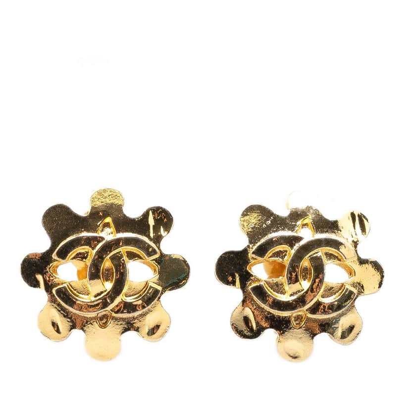 Chanel Gold Plated CC Flower Clip On Earrings Gold Metal Good condition - Front View