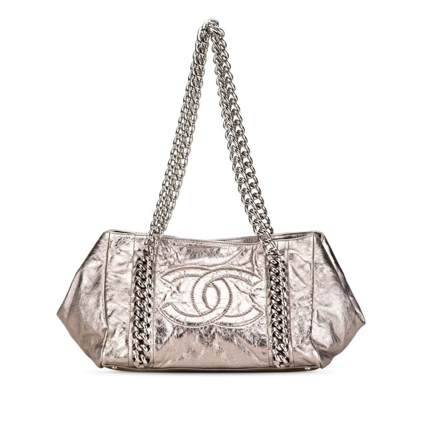 Chanel Medium Metallic Calfskin Modern Chain Tote Silver Leather Good condition - Front View