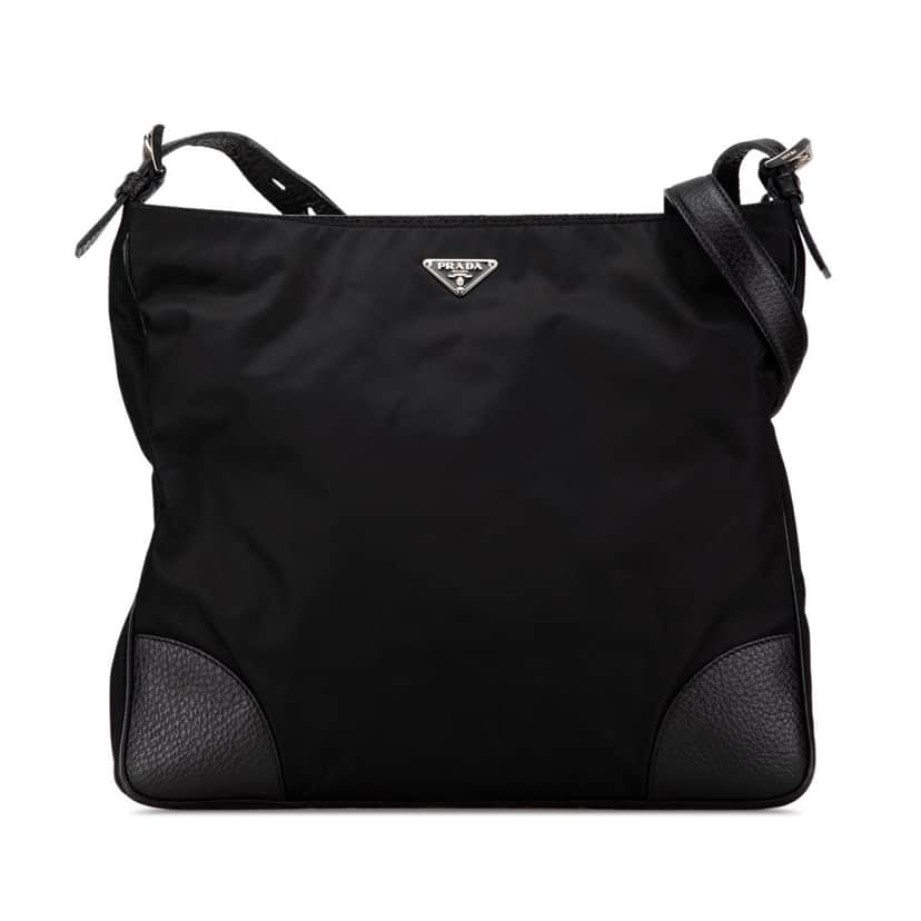 Prada Vitello Daino Trimmed Tessuto Zip Top Crossbody Black Good condition - Front View