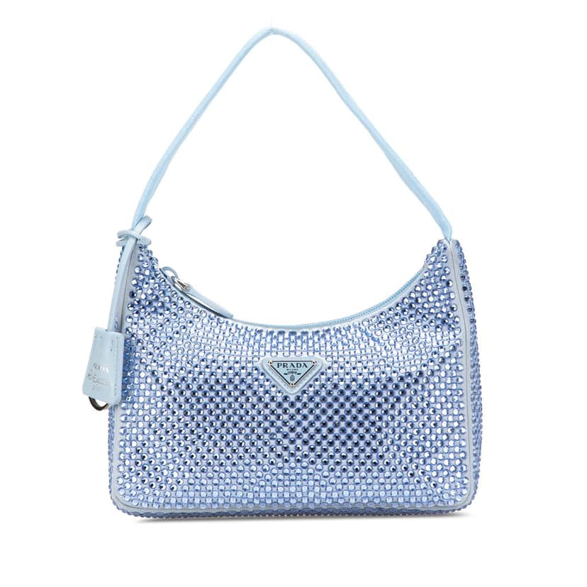 Prada Mini Satin Crystal Re-Edition 2000 Shoulder Bag Blue Satin Good condition - Front View