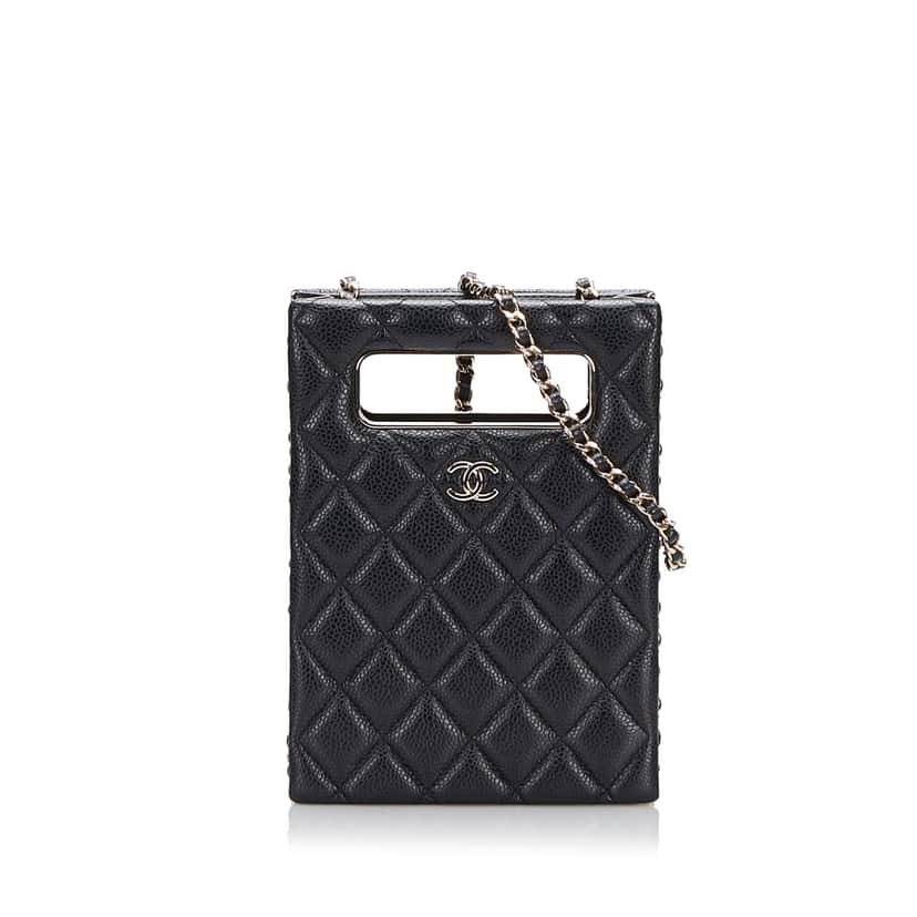 Chanel Mini Caviar Chain Around Cut Out Evening Bag Black Leather Very good condition - Front View