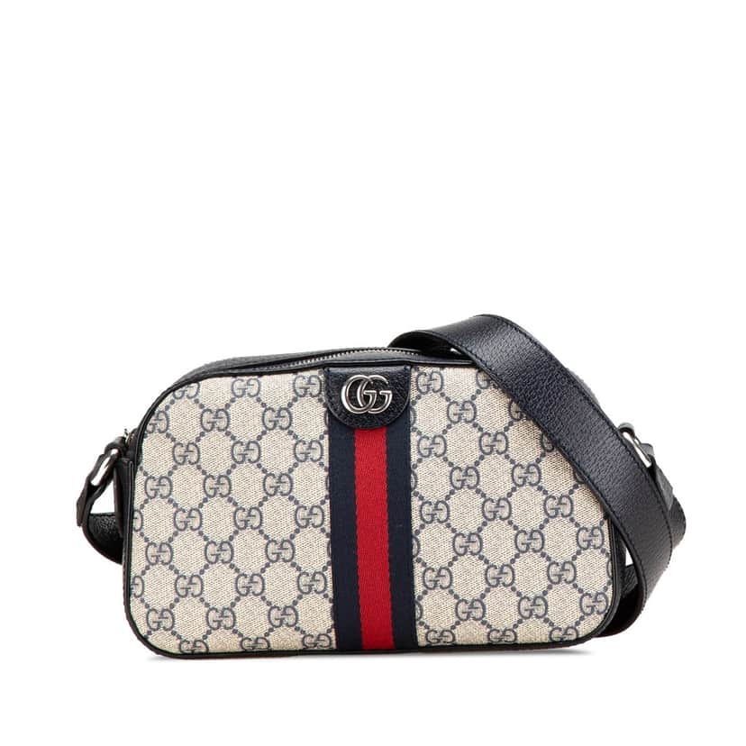 Gucci Small GG Supreme Textured Dollar Calfskin Web Ophidia Camera Bag Brown Canvas Good condition - Front View