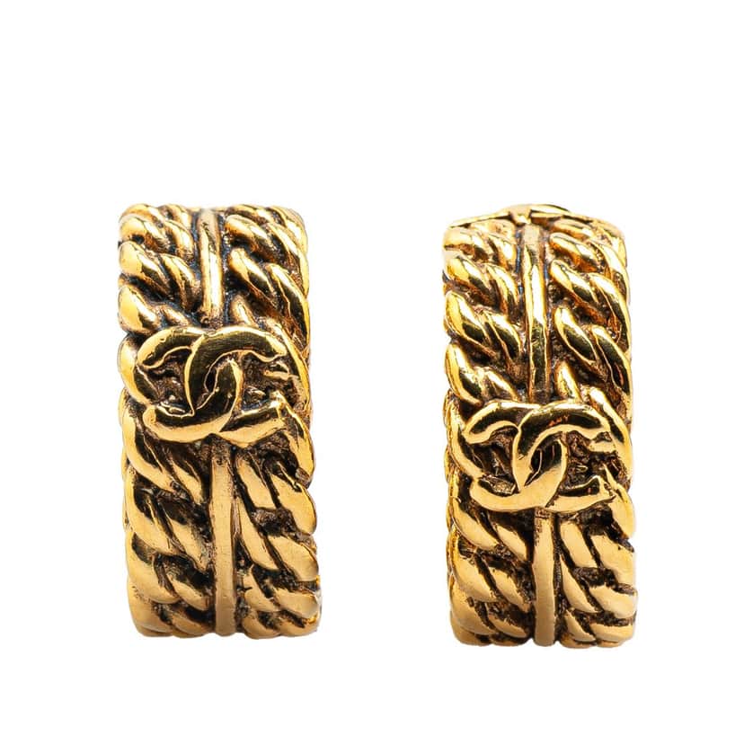 Chanel Gold Plated CC Chain Clip On Earrings Gold Metal Good condition - Front View