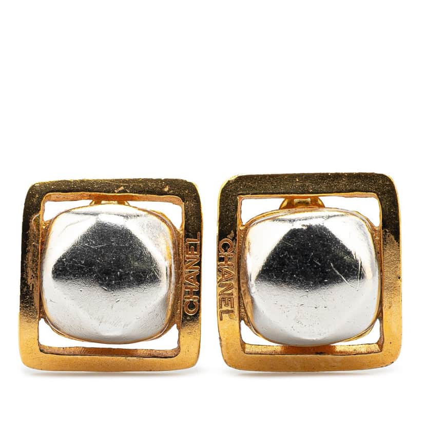 Chanel Gold Plated and Silver Square Bead Clip On Earrings Gold Metal Good condition - Front View