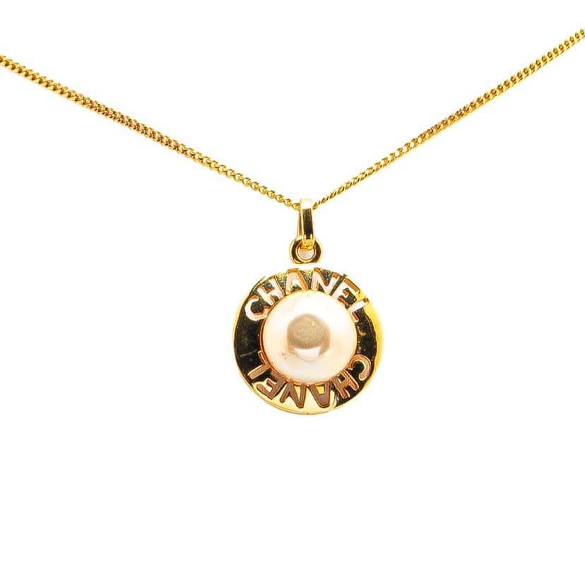 Chanel Gold Plated Faux Pearl Pendant Necklace Gold Metal Good condition - Front View