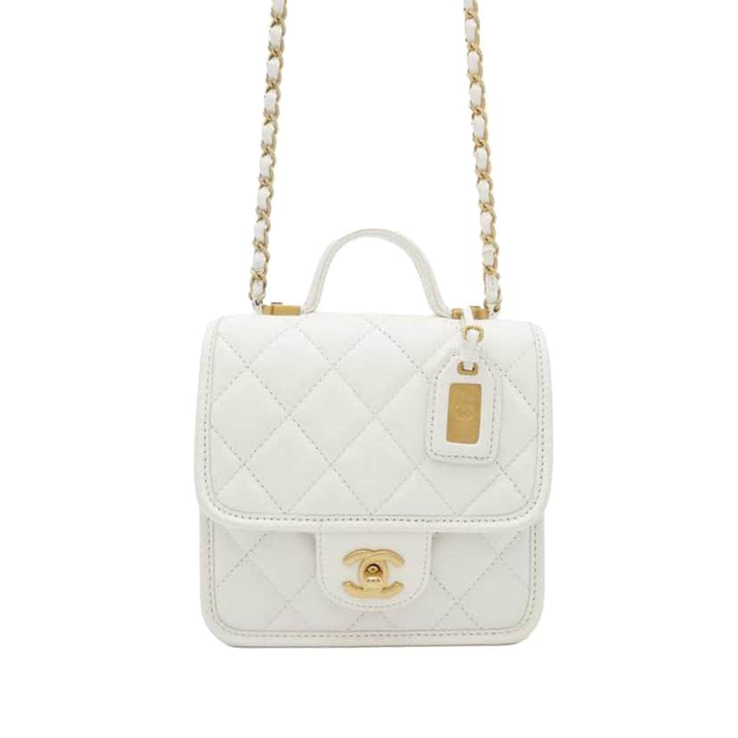 Chanel Mini Caviar School Memory Top Handle Flap White Leather Good condition - Front View