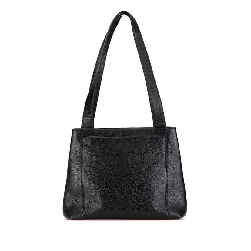 Chanel Embroidered Caviar Logo Shoulder Bag Black Leather Good condition - Front View