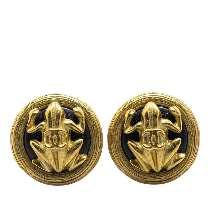Chanel Gold Plated CC Frog Clip On Earrings Gold Metal Good condition - Front View