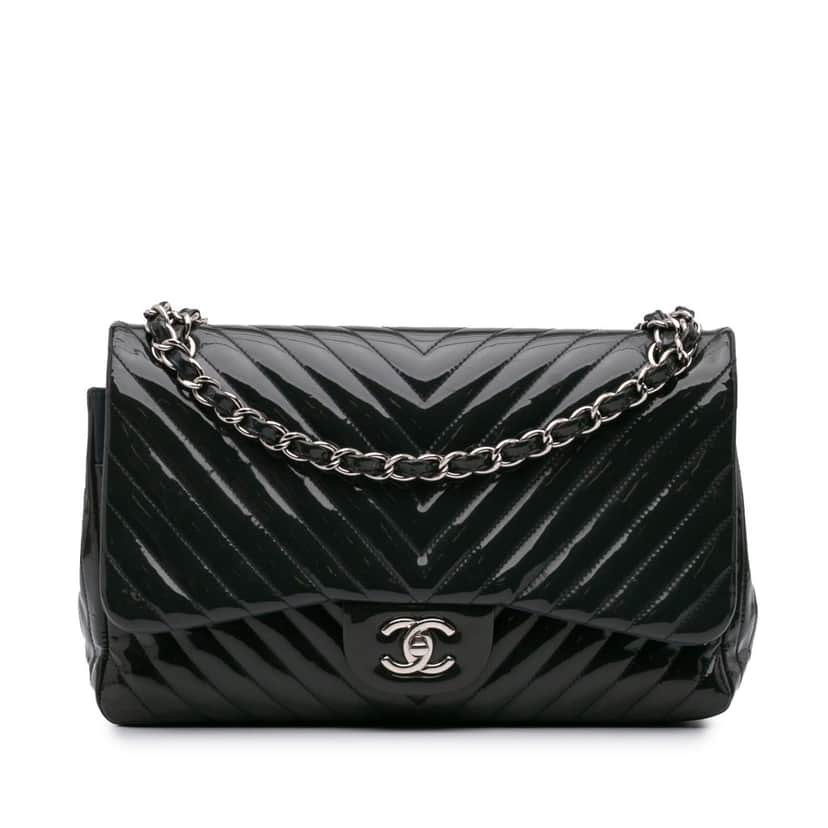 Chanel Jumbo Classic Chevron Patent Double Flap Blue Leather Good condition - Front View