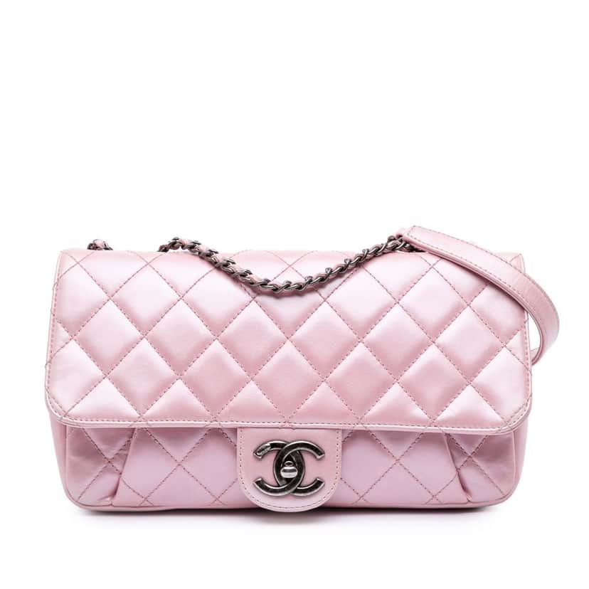 Chanel Medium Quilted Metallic Calfskin Coco Pleats Chain Flap Pink Leather Good condition - Front View
