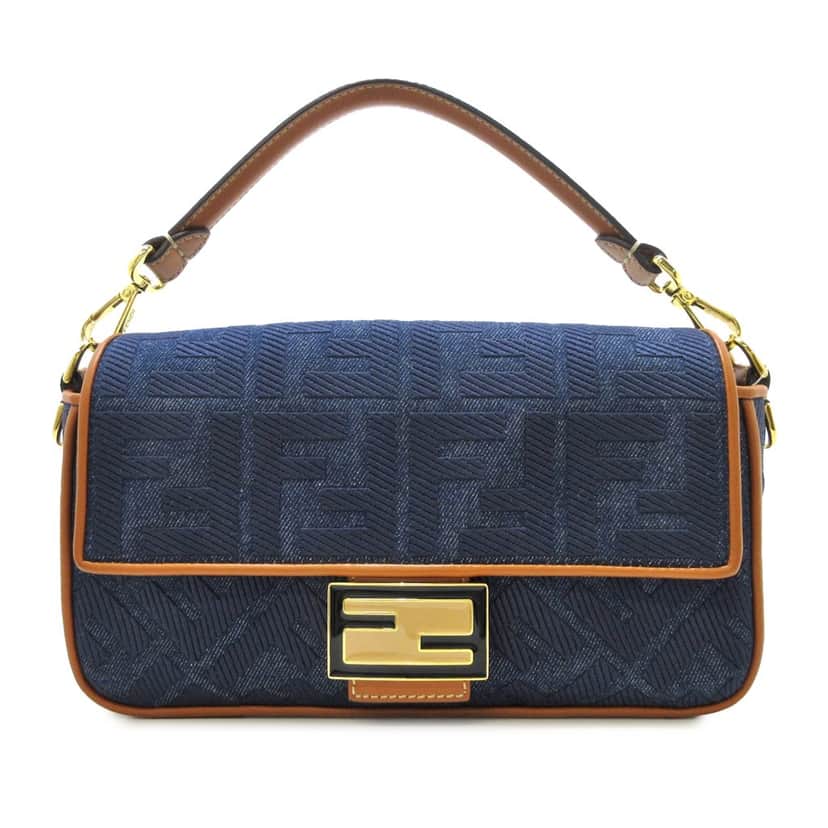 Fendi Zucca Embroidered Denim Baguette Satchel Blue Denim Good condition - Front View