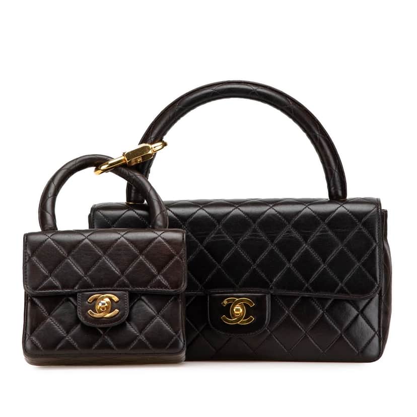 Chanel Lambskin Parent Child Kelly Set Top Handle Bag Black Leather Good condition - Front View