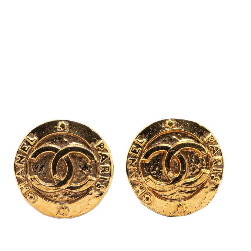 Chanel Gold Plated CC Round Clip on Earrings Gold Metal Good condition - Front View