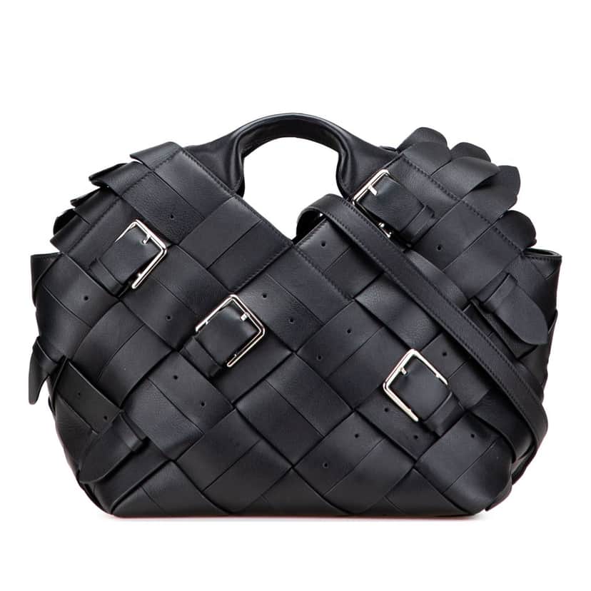 Loewe Small Woven Calfskin Buckle Surplus Basket Bag Black Leather Good condition - Front View
