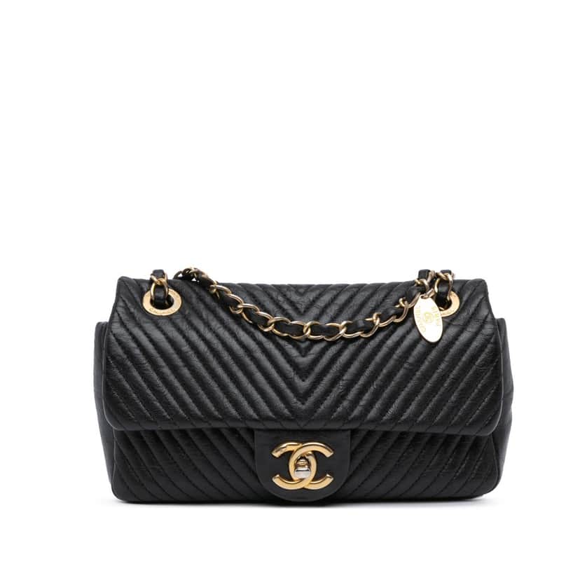 Chanel Small Chevron Wrinkled Calfskin Medallion Charm Surpique Flap Black Leather Fair condition - Front View