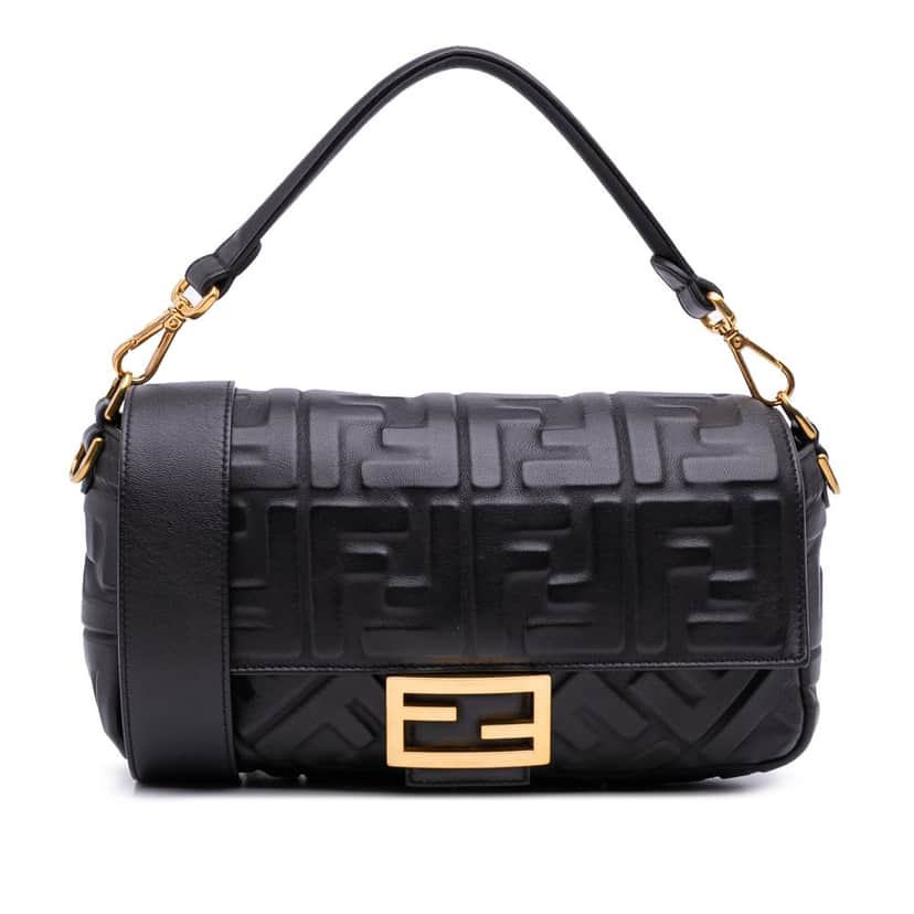 Fendi Zucca Embossed Leather Baguette Satchel Black Leather Good condition - Front View