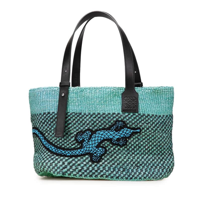 Loewe Paula's Ibiza Lizard Embroidered Raffia Tote Green Good condition - Front View
