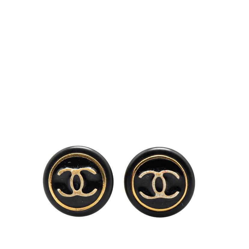 Chanel Resin CC Button Clip On Earrings Black Good condition - Front View