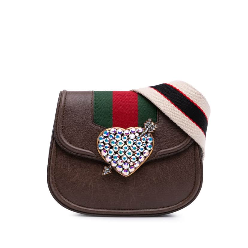 Gucci Small Linea Totem Crystal Heart Crossbody Brown Leather Good condition - Front View