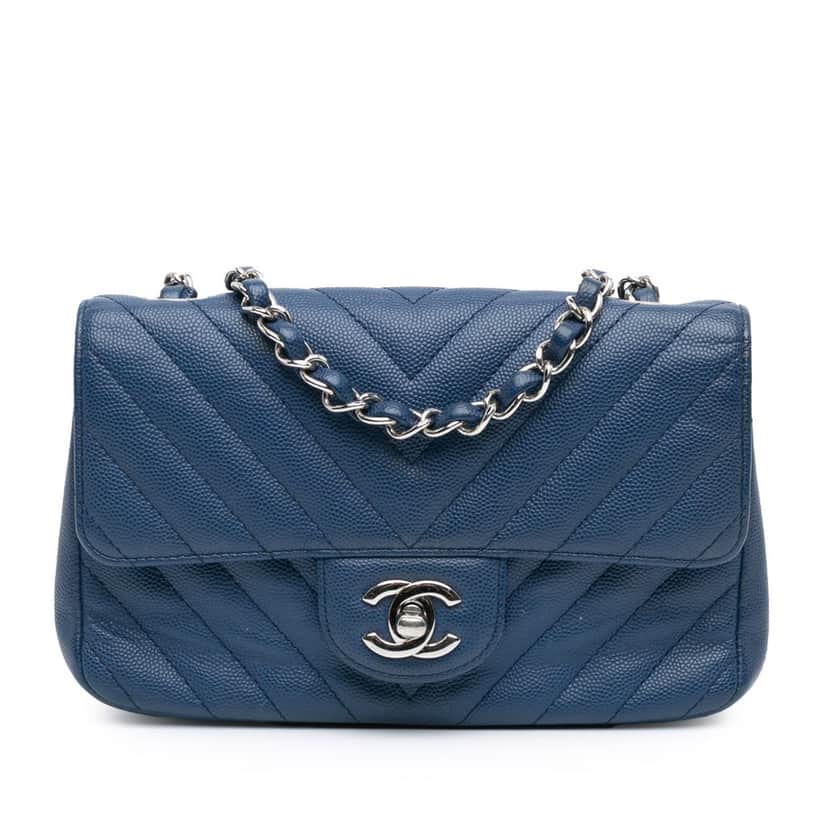 Chanel Mini Rectangular Classic Chevron Caviar Single Flap Blue Leather Good condition - Front View